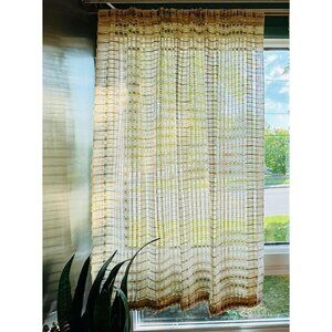 Vintage 70s net woven curtain, beige brown large mesh, rod header single panel